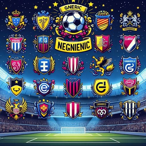 A colorful illustration showing various European football club logos with their nicknames written in playful fonts, set against a football stadium background at night