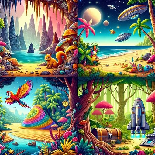 A whimsical illustration depicting a cave, beach, forest, and spaceship, with playful elements representing different animals and items, vibrant colors, fantasy style