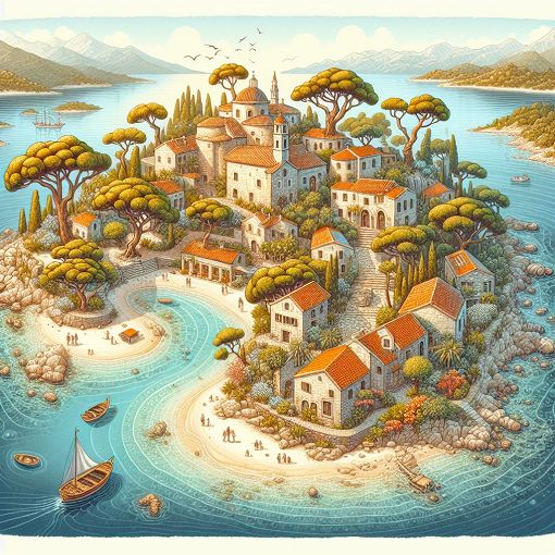 An artistic representation of Chios Island, showcasing the Mastic tree, medieval villages, and pristine beaches, in a bright and inviting style.