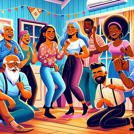 A vibrant and colorful illustration of a house party scene with characters that embody different personalities, focusing on humor and fun interactions.