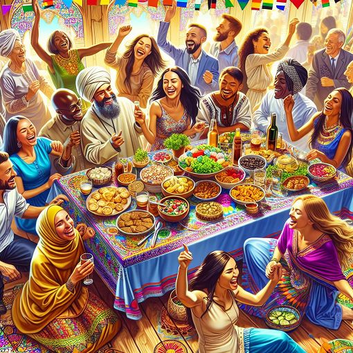 Create an engaging and colorful image depicting a lively social scene with people having fun at a party, showcasing a mix of different personalities and styles, with elements like drinks, food, and dance.