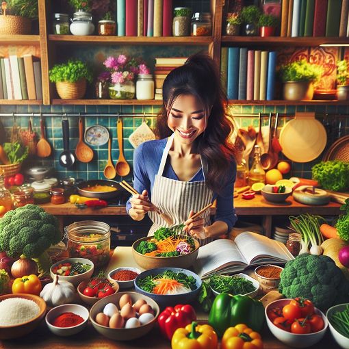 A vibrant kitchen scene with a woman cooking, surrounded by colorful ingredients and cooking books, reflecting a joyful cooking atmosphere.