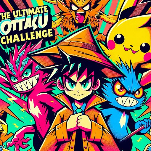 Create an image featuring iconic anime characters, a colorful background resembling a comic book style, and a text overlay that says 'The Ultimate Otaku Challenge'