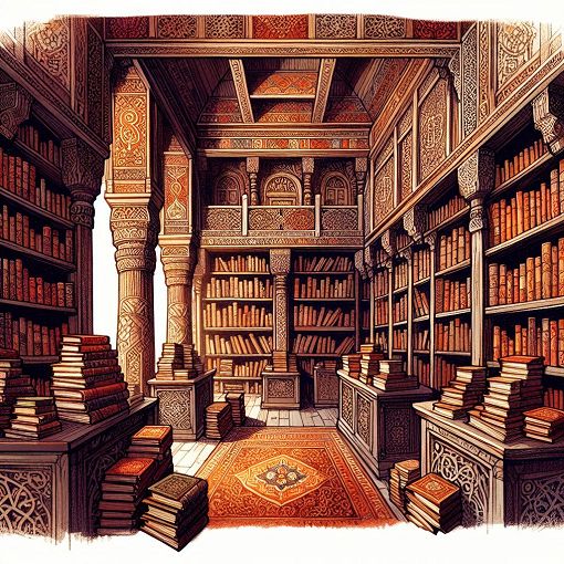 Create an illustration of a traditional Armenian library, filled with famous literary works, adorned with Armenian motifs and a warm, inviting atmosphere.