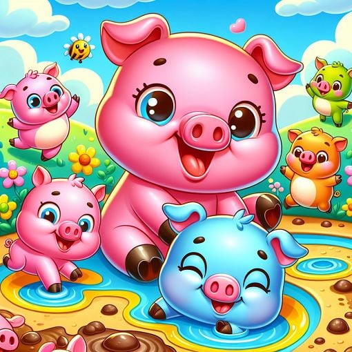 A colorful and playful illustration featuring Peppa Pig, George, and their friends in a vibrant cartoon world, surrounded by mud puddles and smiling animals.