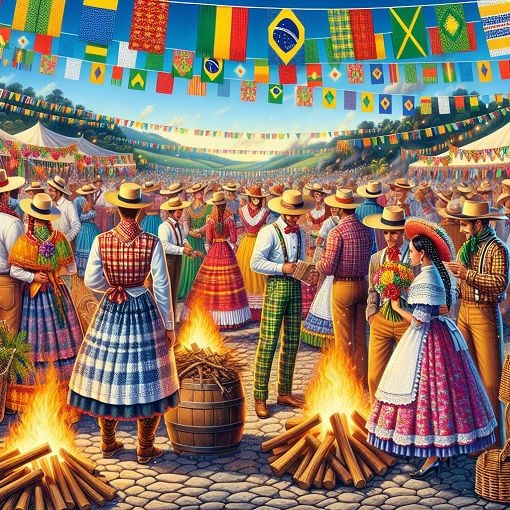 A colorful illustration of a typical Junina celebration in Brazil, featuring traditional flags, bonfires, and people in festive attire, with a subtle hint of social distancing measures such as masks.