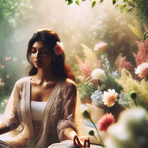 A serene and empowering image of a woman meditating in nature, with soft colors and a peaceful atmosphere, representing feminine energy and self-care.