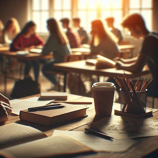 A serene classroom setting with students studying Slovak literature, a desk with papers and a coffee cup, warm lighting emphasizing a cozy atmosphere.