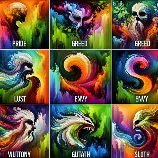 A vibrant and artistic representation of the seven deadly sins, featuring abstract interpretations of pride, greed, lust, envy, gluttony, wrath, and sloth in a colorful and engaging style.