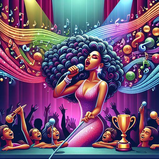 A vibrant and colorful illustration of Beyoncé performing on stage, surrounded by fans, with musical notes and awards in the background.