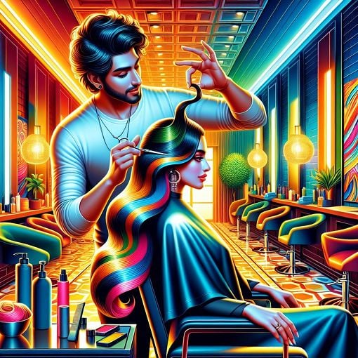 Create an artistic representation of a hairstylist creating S-shaped finger waves in a salon setting, with vibrant colors and a modern aesthetic.