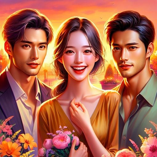 Create an illustration of three attractive male actors (Gong Yoo, Park Seo Joon, Lee Min Ho) in a vibrant, romantic setting, engaging with a cheerful young woman, showcasing emotions such as love and friendship.