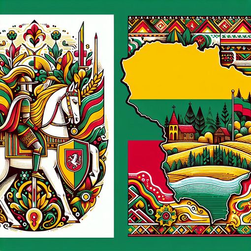 Create an image of the Lithuanian flag alongside symbols of Lithuania, such as a map of Lithuania, the Vytis emblem, traditional folk art, and a natural landscape that represents the country.