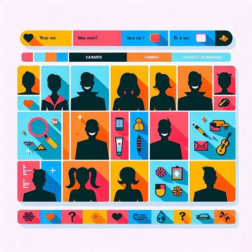 Create an image of a colorful and vibrant quiz interface with BTS elements such as the members' silhouettes and fun icons representing different personalities, hobbies, and interests, in a cartoonish style.