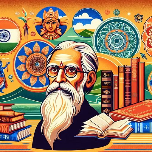 A vibrant illustration depicting elements of Indian literature, showcasing traditional books, cultural symbols, and images representing Frederick Max Müller, set against a backdrop of Indian landscapes.