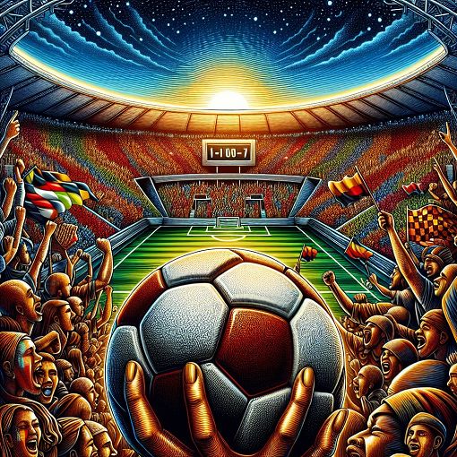 A colorful illustration of a football stadium filled with passionate fans cheering for their teams, with a football in the foreground and a scoreboard showing an exciting match.