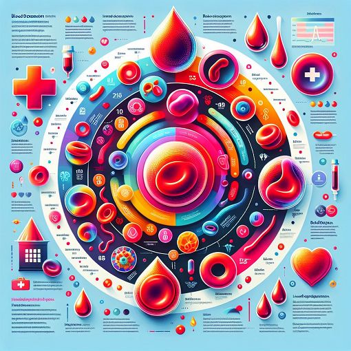 A vibrant infographic showcasing different blood types and their characteristics, with illustrations of red blood cells and blood donation symbols.