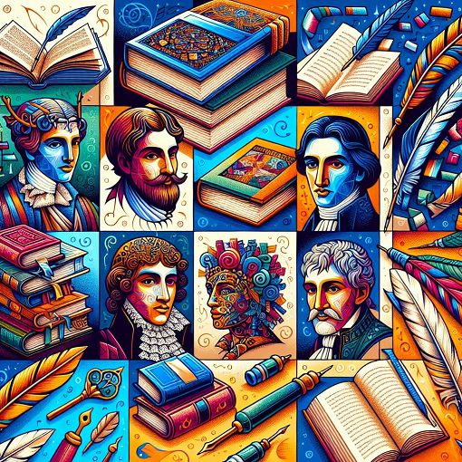 A vibrant and engaging collage of Croatian literature themes, featuring books, quills, and famous literary figures from Croatian history.