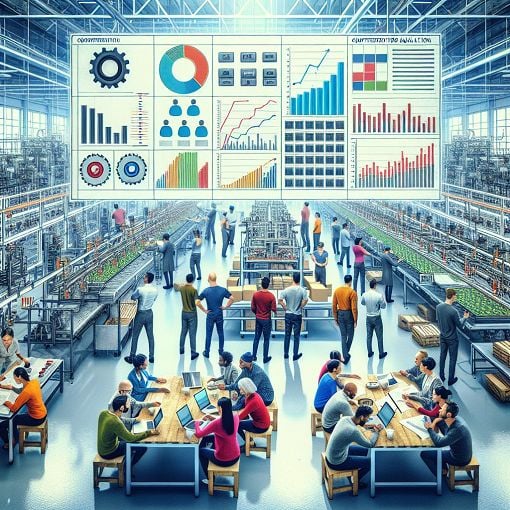 Create an image of a busy factory floor with workers inspecting products, surrounded by charts and quality metrics indicating statistical analysis and quality control processes.