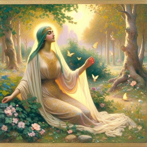 A serene and empowering illustration of a woman surrounded by nature, embodying divine feminine energy with soft colors and a peaceful atmosphere.