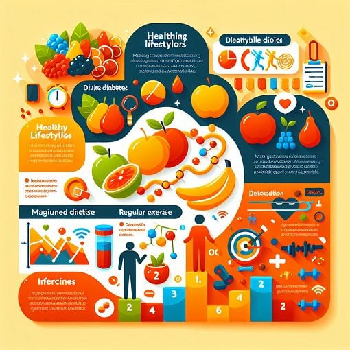 A visually striking infographic depicting diabetic risk factors, featuring healthy lifestyle choices, fruits, and exercise, with an engaging and warm color palette.