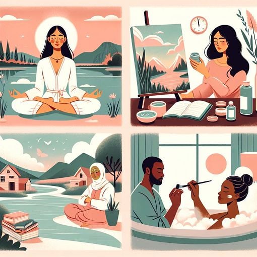 A serene and calming illustration showing diverse self-care activities, including meditation, creative arts, spa treatments, and cozy home settings, with soft pastel colors and a harmonious atmosphere.