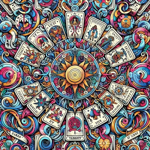 An intricate illustration of various tarot cards surrounded by astrological symbols and vibrant colors, suggesting personality traits and energies associated with each card.