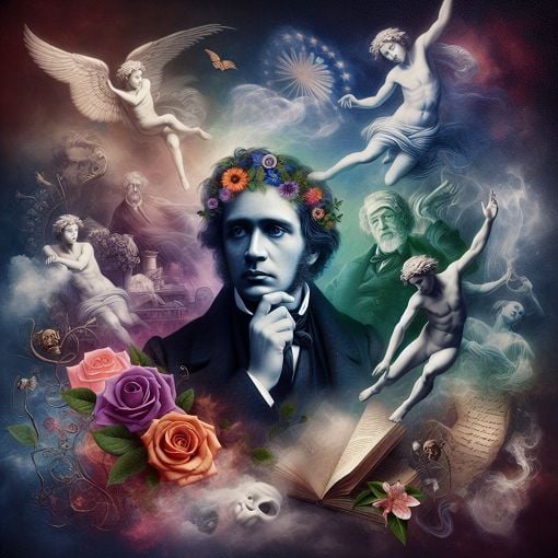 A surreal artistic representation of Oscar Wilde surrounded by elements symbolizing beauty, youth, and tragedy, with a ghostly image of Dorian Gray in the background.