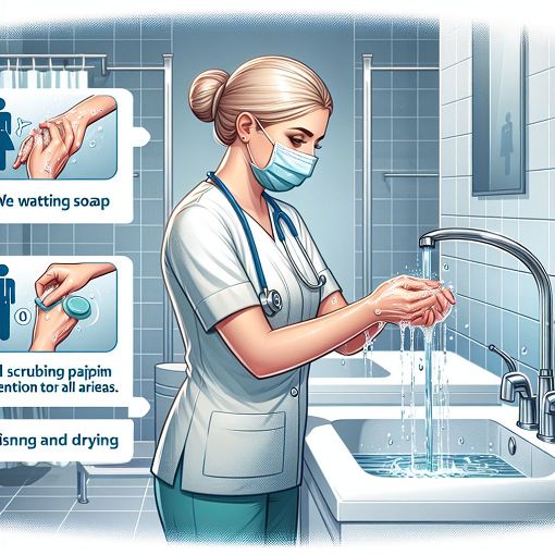 Create an educational illustration showing a healthcare professional demonstrating proper hand hygiene techniques, with focus on handwashing steps and a clean environment.