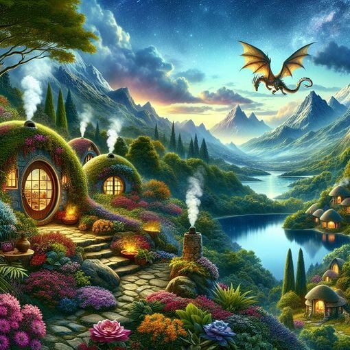 A fantasy-themed illustration featuring a hobbit hole, majestic mountains, and a dragon flying over a treasure hoard in the heart of Middle-Earth.