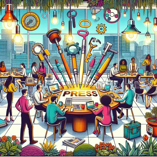 A colorful and engaging illustration showcasing public relations tools such as a press release, media interactions, and diverse groups of people interacting positively, set in a modern office environment with a creative atmosphere.