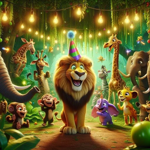 A cartoon lion wearing a party hat, surrounded by animals laughing and having fun at a jungle party.