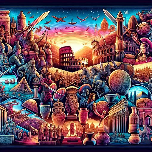 A detailed and colorful illustration depicting various historical events, including battles, leaders, and ancient artifacts, set against a backdrop of famous historical landmarks.