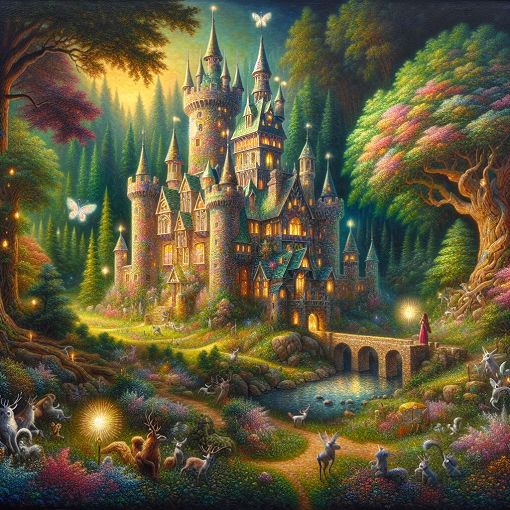 A magical, whimsical castle set in a mystical forest, with elements of wand magic and mythical creatures surrounding it, in a vibrant and enchanting style.