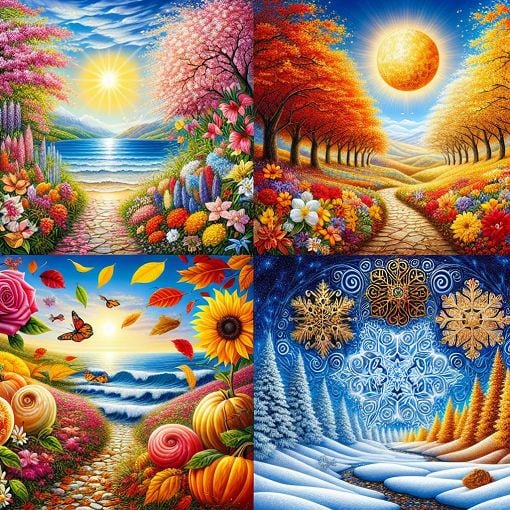 A vibrant illustration of the four seasons, showcasing spring flowers, summer sun, autumn leaves, and winter snowflakes in a harmonious way.