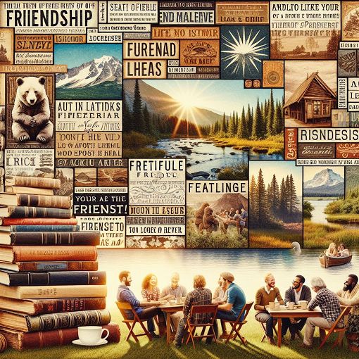 Create an artistic image featuring a collage of famous literary quotes about friendship, intertwined with imagery of books, friends gathering, and serene landscapes.