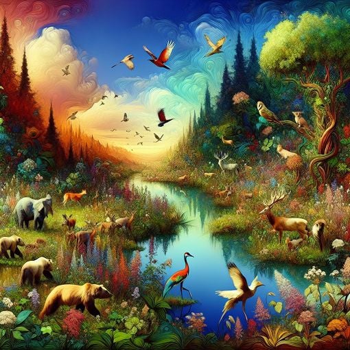 A vibrant and colorful illustration of different animals and plants intermingling in a lush environment, showcasing biodiversity and engagement with nature.