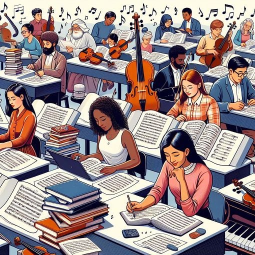 A vibrant classroom scene with a diverse group of people taking a music quiz, surrounded by instruments like violins, pianos, and sheet music, capturing the spirit of classical music education.