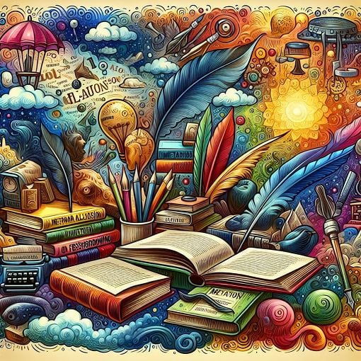 A colorful and engaging illustration representing literary terms, including books, quills, and abstract concepts in art style.