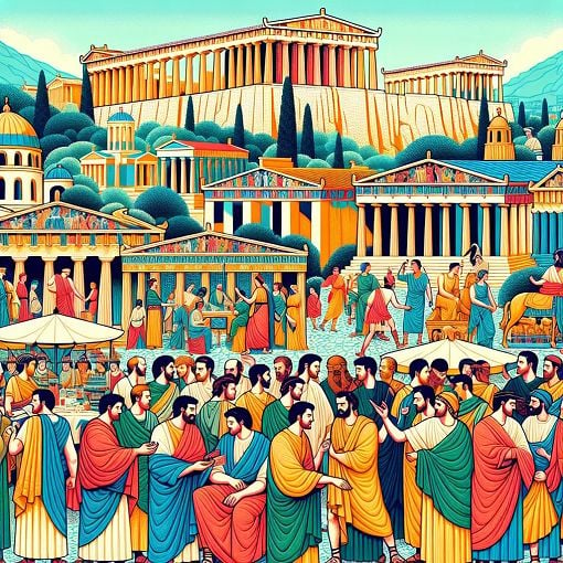 Create an image of ancient Athens with a vibrant depiction of the Acropolis, people in togas discussing politics, and elements of democracy such as the agora, in a bright and engaging style.