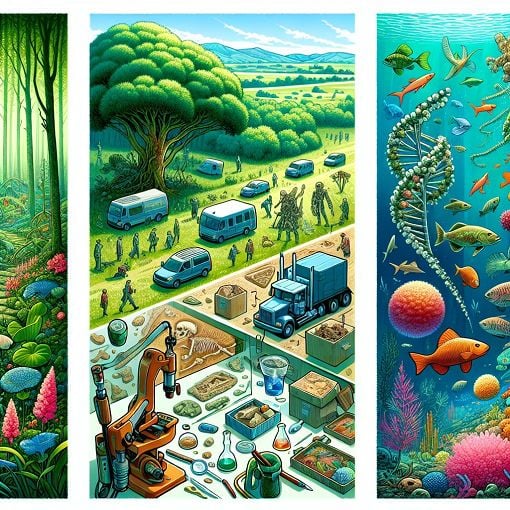 A colorful and engaging illustration showing various scientific fields such as ecology, archaeology, and marine biology with visual elements like plants, fossils, and marine life.