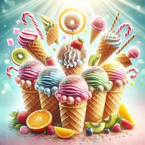 A colorful and vibrant image of various ice cream flavors in cones and cups, decorated with sprinkles and fruits, set against a sunny background with a playful vibe.