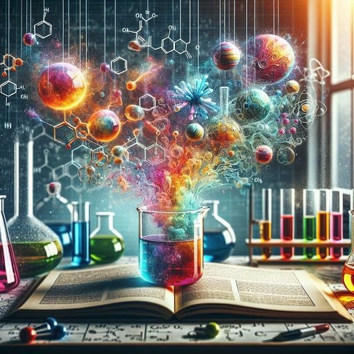 Create an image of a vibrant science laboratory with colorful chemical reactions, an open chemistry textbook, and various laboratory equipment like beakers and test tubes, symbolizing the theme of transformations in matter.