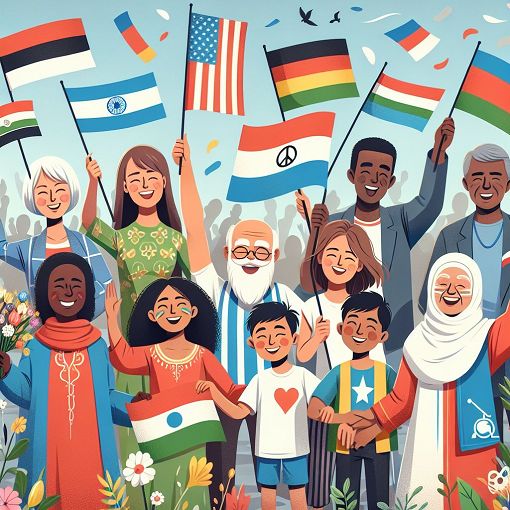 Create an inspiring image that depicts diverse people celebrating human rights, with symbols of peace, justice, and equality integrated into the design.