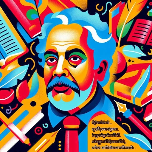 A vibrant illustration of Vaikkom Muhammad Basheer surrounded by elements representing his literary works, such as books, a pen, and quotes in Malayalam.