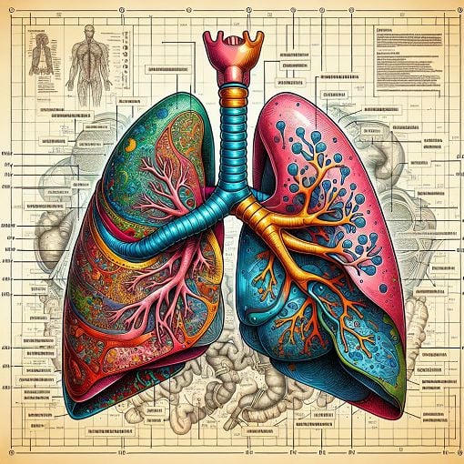 Anatomy of the lungs and diaphragm, educational illustration, vibrant colors, diagrammatic