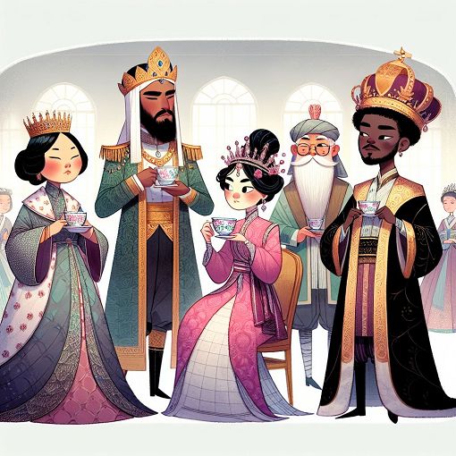 A whimsical illustration of a royal family gathering with members dressed in various outfits representing different styles and personalities, some holding teacups, others wearing crowns.