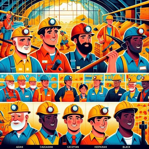 A vibrant illustration of miners working in a mine, showcasing different personalities like bravery, intelligence, and teamwork.