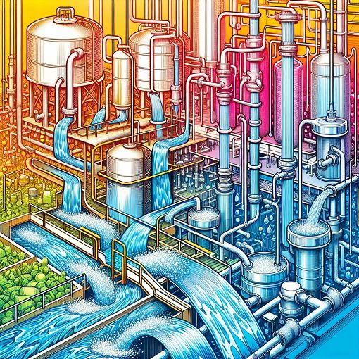 A colorful and engaging illustration showing pipes and tanks filled with water, emphasizing the flow, filling, and emptying processes.