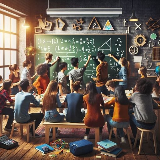 Create an engaging and colorful image depicting a classroom with students solving first-degree equations on a blackboard, bright educational environment, various math-related objects, such as books and calculators, with a lighthearted atmosphere.